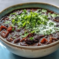 Creamy Black Bean Soup with lime and avocado garnish, simmered with cumin and paprika for a hearty vegan meal.