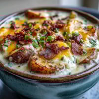 Creamy Loaded Potato Soup served steaming hot in a rustic bowl, topped with crispy bacon crumbles and fresh sliced green onions for a comforting lunch.