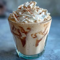 Creamy vanilla bean frappuccino protein shake with whipped cream and cinnamon topping in a tall glass.