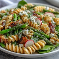 Spring pasta salad with lemon vinaigrette and radishes, fresh and colorful, perfect for a light spring lunch or picnic.