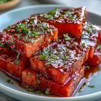 Fresh watermelon slices topped with zesty Tajin seasoning and a squeeze of lime for a perfect summer snack.