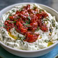 Whipped feta dip with roasted cherry tomatoes, garnished with fresh basil and a drizzle of olive oil.  