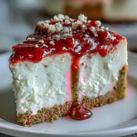 A creamy no-bake strawberry cheesecake with a buttery graham cracker crust and a vibrant fresh strawberry sauce topping.  