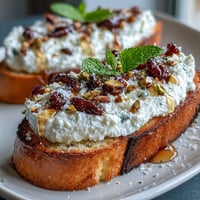 Creamy whipped ricotta spread on golden toasted baguette slices, drizzled with honey and topped with crunchy pistachios for an elegant appetizer.