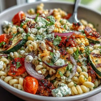 A vibrant summer pasta salad with smoky grilled zucchini, sweet corn, and tangy Cotija cheese, tossed in zesty lime dressing.
