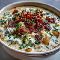 Hearty Cabbage Corn Chowder with smoky bacon, tender potatoes, and sweet corn in a creamy broth, garnished with fresh parsley.  