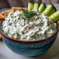 Creamy Skyr Tzatziki Dip with refreshing cucumber, dill, and a touch of lemon.