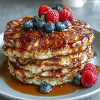 Golden Icelandic Skyr Pancakes piled high with berries, ready for breakfast.